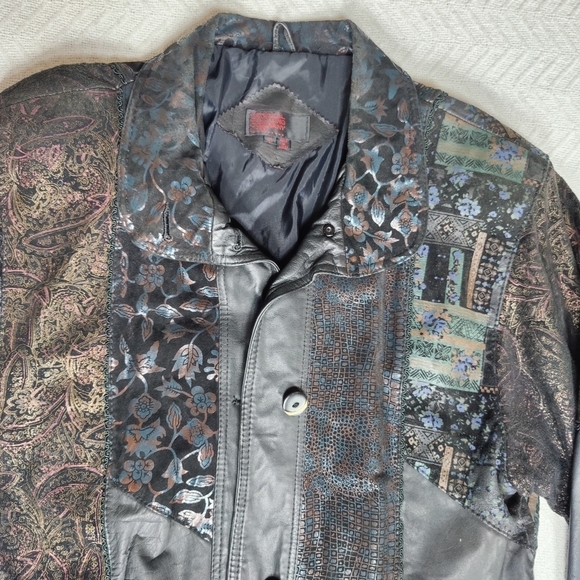 Vintage Leather Jacket Patchwork Floral Paisley Eclectic Grandma Women's size S - Picture 3 of 16